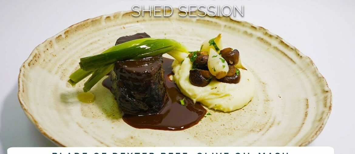 BLADE OF DEXTER BEEF, OLIVE OIL MASH, BABY LEEKS. BLADE OF DEXTER BEEF, OLIVE OIL MASH, BABY LEEKS.