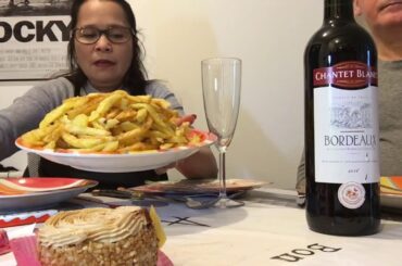 Original French fries , lunch with lover wine , dessert.