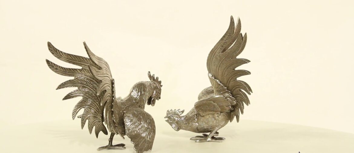 Antique Pair French Silver plated fighting cockerels 19th C