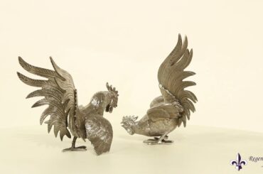 Antique Pair French Silver plated fighting cockerels 19th C