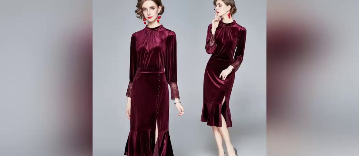Trendsl Foreign Style French Retro Fishtail Velvet Dress Women New Spring 2021 Long Sleeve Wine Red