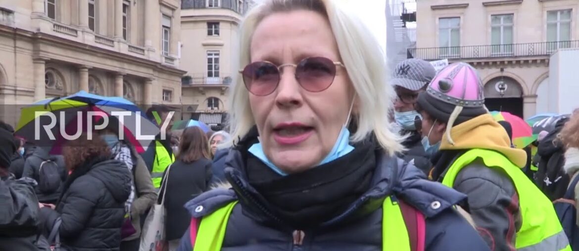 France: "Yellow Vests" hold colourful umbrellas in protest near Council of State in Paris