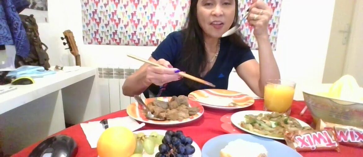 Its my life eating Alone , beef ,rice dessert juice , Kaon pa more, France .