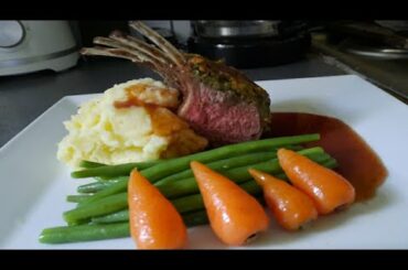 Almond crusted Rack of Lamb with cream mash Potato & French Beans & Baby carrot & Port wine jus