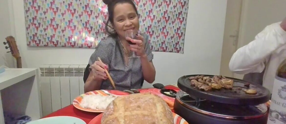 Raclette Dinner , Beef  Fromage bread Some food , semple wine France .
