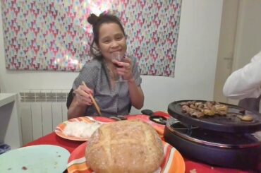 Raclette Dinner , Beef  Fromage bread Some food , semple wine France .