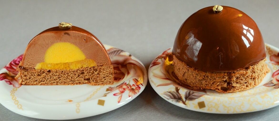 Chocolate Espresso Mousse Cakes with Mango Filling and Chocolate Mirror Glaze