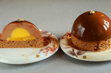 Chocolate Espresso Mousse Cakes with Mango Filling and Chocolate Mirror Glaze