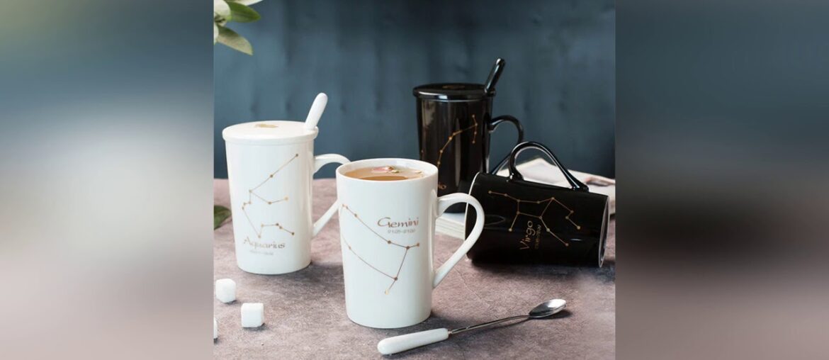 Slide SDGRP Ceramic Mugs 12 Constellations Creative Glass with Spoon Lid Black and Gold Porcelain Z