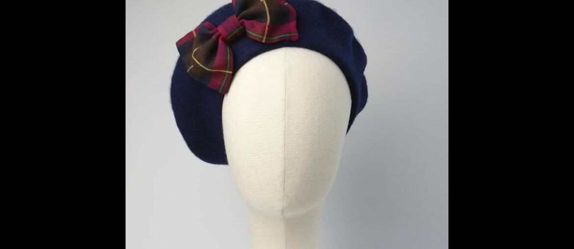 Navy Beret with Wine-Navy Tartan Bow