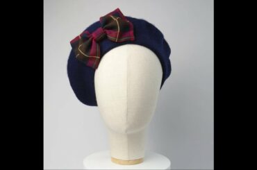 Navy Beret with Wine-Navy Tartan Bow