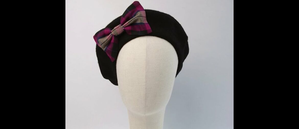 Black Beret with Wine Tan Tartan Bow Black Beret with Wine Tan Tartan Bow