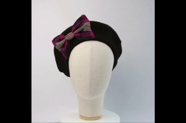 Black Beret with Wine Tan Tartan Bow