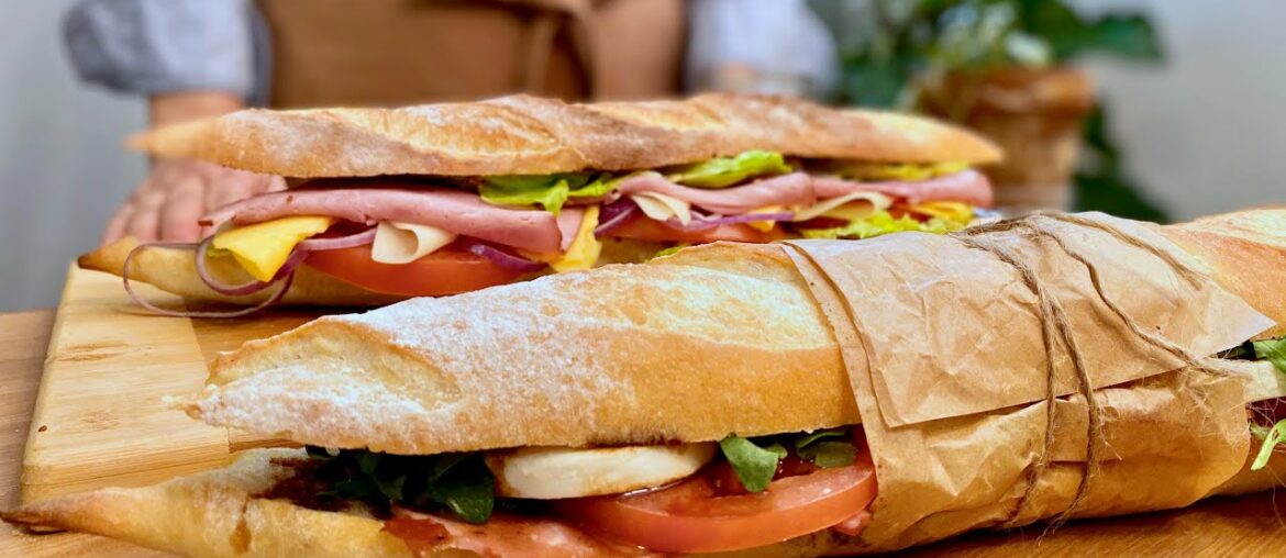 Classic French baguette recipe with Poolish and fixing healthy sandwitces