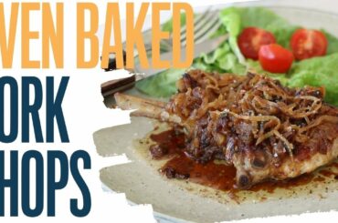 Oven baked pork chop with caramelized onions, sage and garlic
