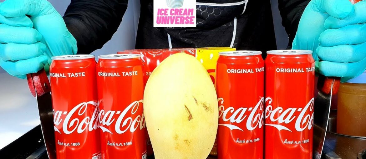 EP 204 ASMR Coca Cola Mango Ice Cream Roll  how to make ice cream with real Coca Cola Coke   recipe
