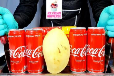 EP 204 ASMR Coca Cola Mango Ice Cream Roll  how to make ice cream with real Coca Cola Coke   recipe