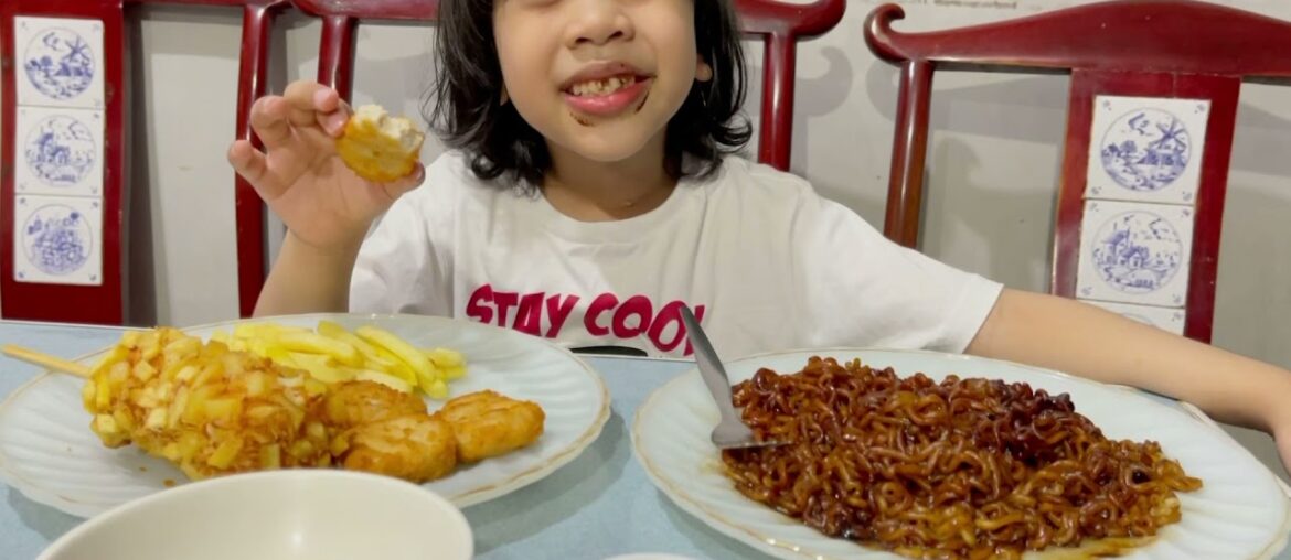 Mukbang black bean korean noodles,nuggets,french fries,mozzarella cheese stick