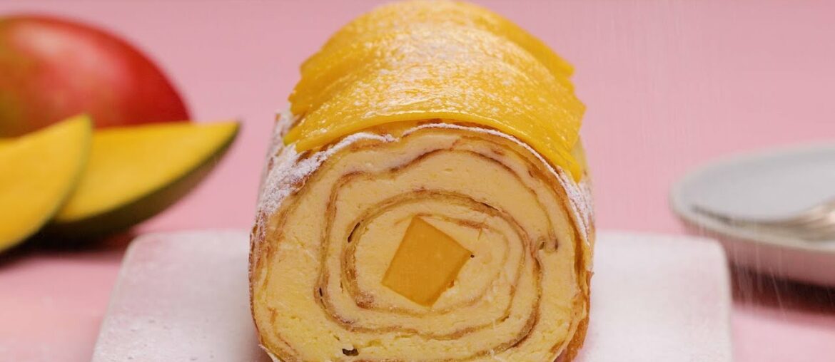 Mango Crepe Roll Cake Recipe | How to Make French Crepes with Mangoes | Summer Desserts Mango Crepe Roll Cake Recipe | How to Make French Crepes with Mangoes | Summer Desserts