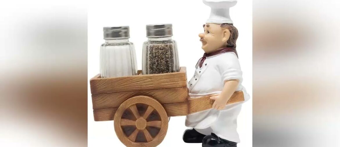 Video Review French Chef Pierre Pushing Faux Wooden Cart Salt and Pepper Shaker Set Display Stand F