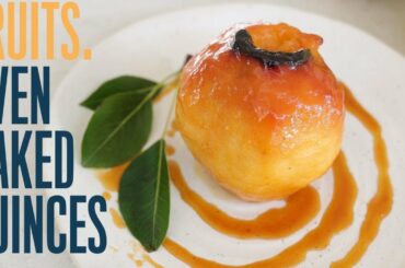 Oven baked quince served with an apricot caramel sauce