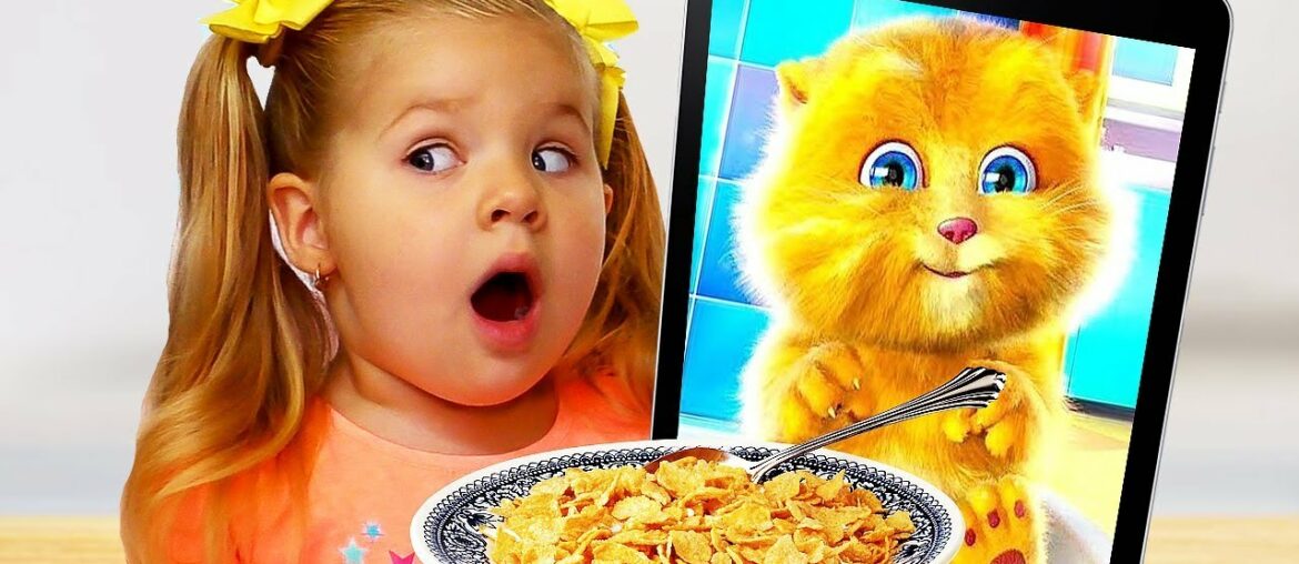 Diana and Funny Cat eats Breakfast and Plays