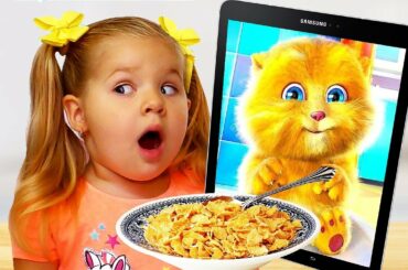 Diana and Funny Cat eats Breakfast and Plays