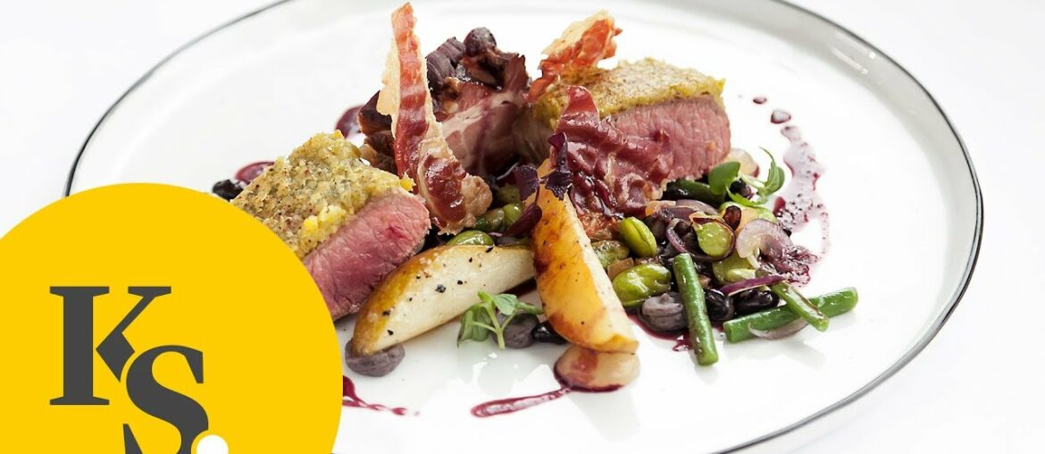 Pistachio-crusted lamb with pears, beans, and bacon | fine dining recipe