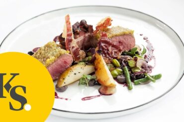 Pistachio-crusted lamb with pears, beans, and bacon | fine dining recipe