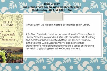 The French Paradox A Wine County Mystery,  A Virtual Conversation With Ellen Crosby