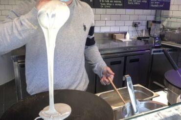 French Crepes with Ham & Cheese, Crepes with Caramel and Strawberry Jam. London Street Food