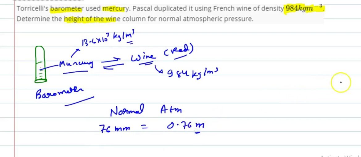 Torricelli's barometer used mercury. Pascal duplicated it using French wine of density `984 kg m^(-3