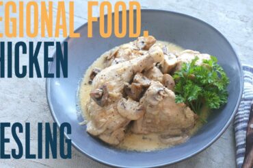 Creamy chicken cooked with cognac and Riesling