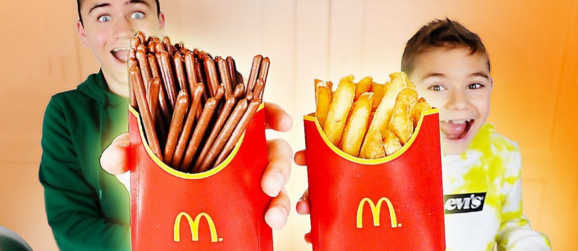 REAL FOOD VS CHOCOLATE FOOD CHALLENGE – Happy Meal Chocolate French Fries REAL FOOD VS CHOCOLATE FOOD CHALLENGE - Happy Meal Chocolate French Fries