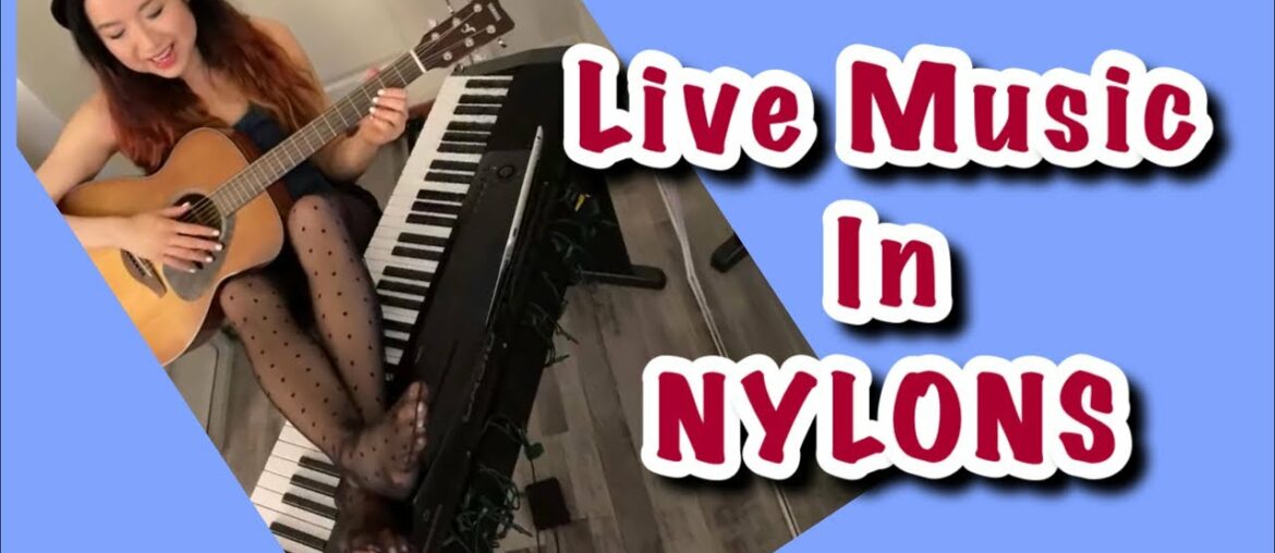 Music in Pantyhose, Live Stream Piano Guitar in Purple Nylons Tights Hosiery, Wine and Chat
