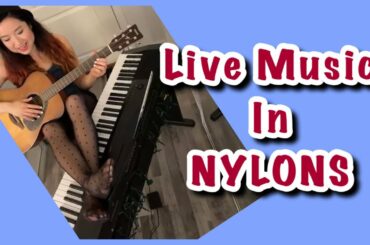 Music in Pantyhose, Live Stream Piano Guitar in Purple Nylons Tights Hosiery, Wine and Chat