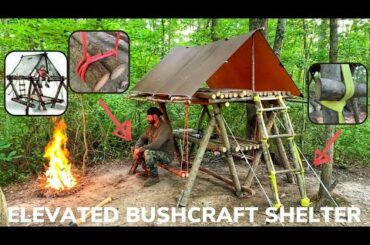 Solo Overnight Building a Bushcraft Raised Shelter and Dining Area and a Rise and Shine Bacon Burger