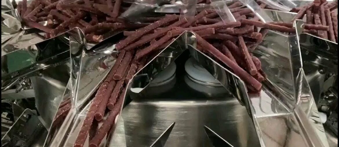 Long strip food packaging machine with multihead weigher