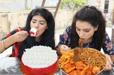 Red Velvet Cake and Spicy Momos, Chow Mein, French Fries Eating Challenge | Spicy Vs Sweet Challenge