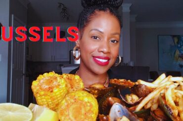 Mukbang|Messy Green Lip Mussels with French Fries and Corn on the Cob