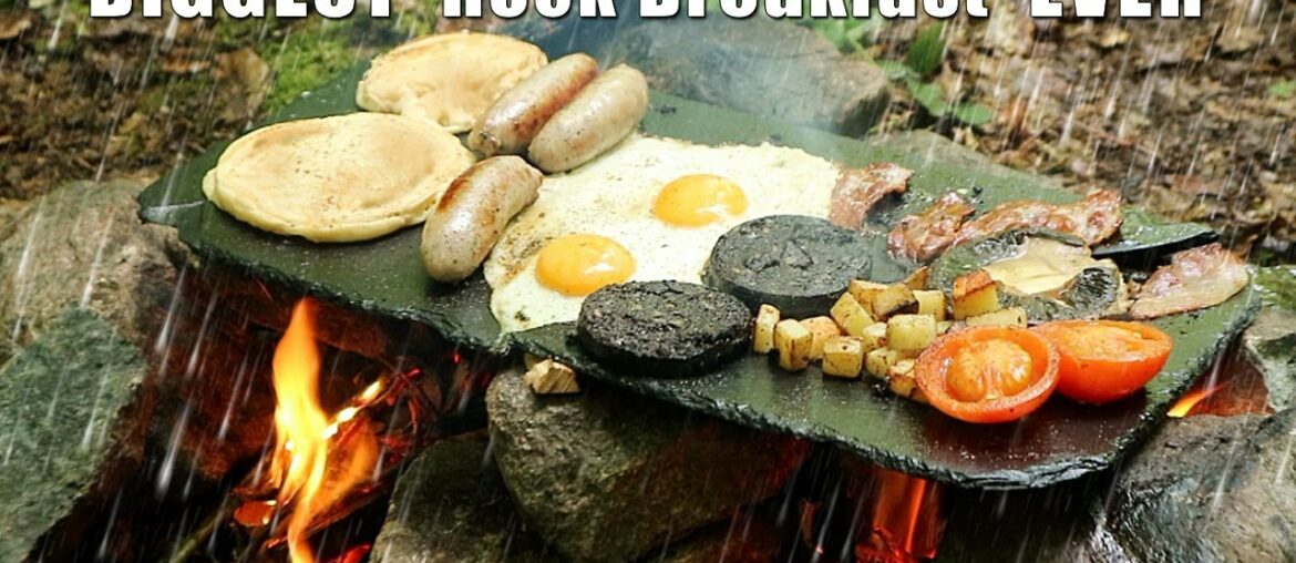 Biggest Bushcraft Breakfast cooked on a Rock in the Rain