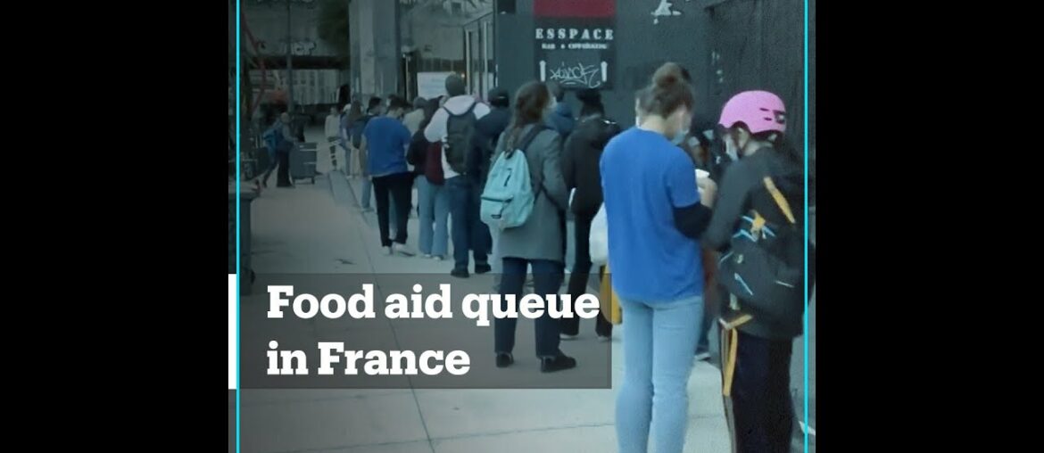French students wait in long lines to receive food aid