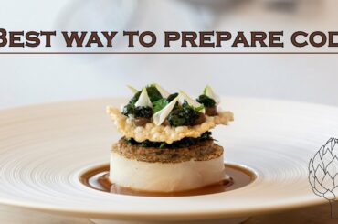 Fine dining cod dish with mushroom & a tapioca crisp