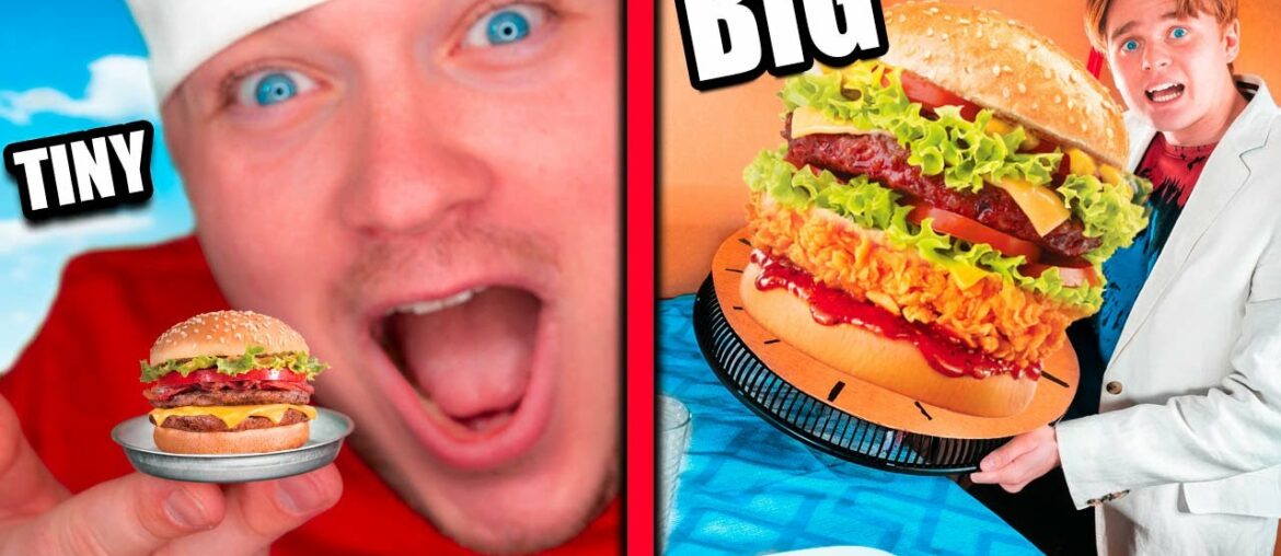 Tiny Food Vs BIG FOOD Box Fort Restaurant Challenge! Tiny Food Vs BIG FOOD Box Fort Restaurant Challenge!