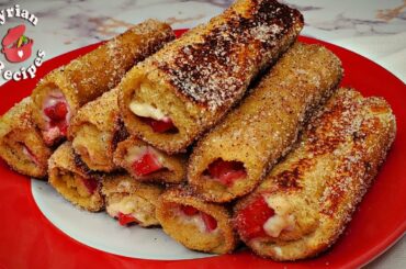 How to make Strawberry Cheesecake French toast rolls |Toast Rolls !| tutorial by Syrian Recipes.