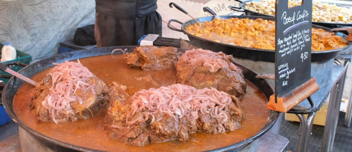 French Street Food. London. Roasted Beef, Sausages, Chicken in Sauce, More