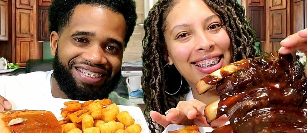 BBQ Bourbon Beef Ribs, Hickory Smoked Salmon, Tots, and Sweet Potato Fries.  Mukbang Eating Show