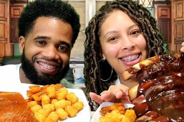 BBQ Bourbon Beef Ribs, Hickory Smoked Salmon, Tots, and Sweet Potato Fries.  Mukbang Eating Show