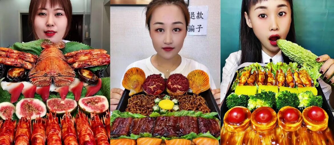 Fast Eating Gourmet Plate Challenge | Mukbang Seafood, Noodles, Enoki Mushroom, Fruits, Desserts