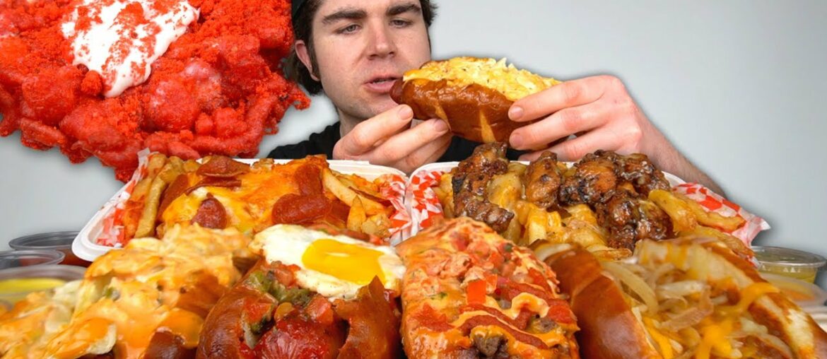 LOADED BACON WRAPPED HOT DOGS MUKBANG! PIZZA Fries, Lemon Pepper Fries, Funnel Cakes, Churros + LOADED BACON WRAPPED HOT DOGS MUKBANG! PIZZA Fries, Lemon Pepper Fries, Funnel Cakes, Churros +